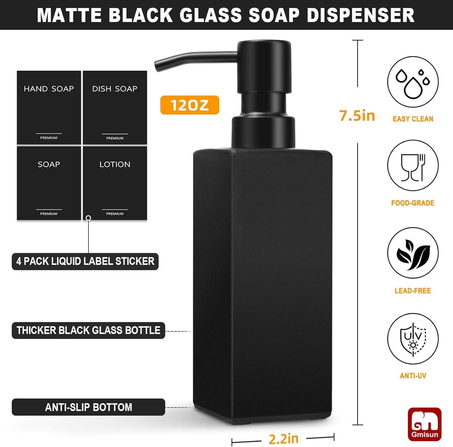 GM GMISUN Black Glass Soap Dispenser with Tray,Hand and Dish Soap Dispenser Set for Bathroom 12oz