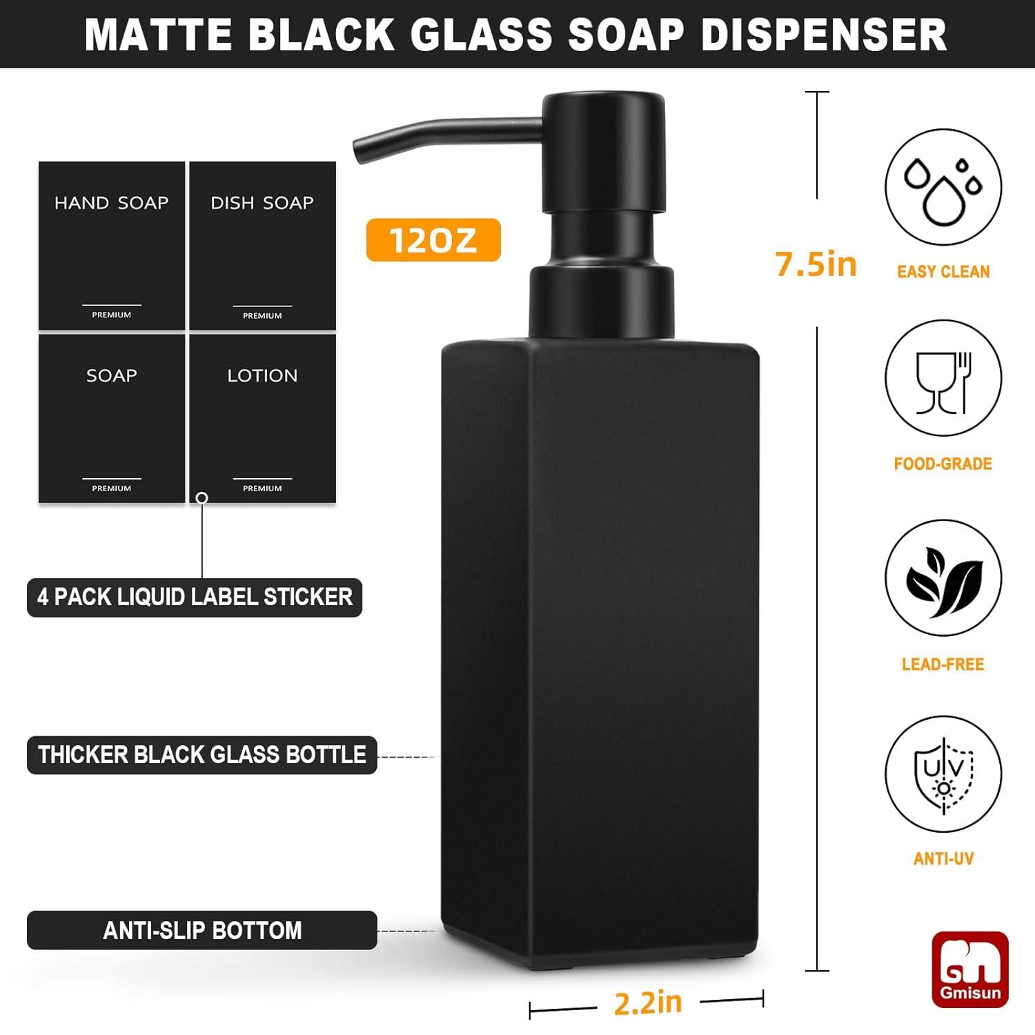 GM GMISUN Black Glass Soap Dispenser with Tray,Hand and Dish Soap Dispenser Set for Bathroom 12oz