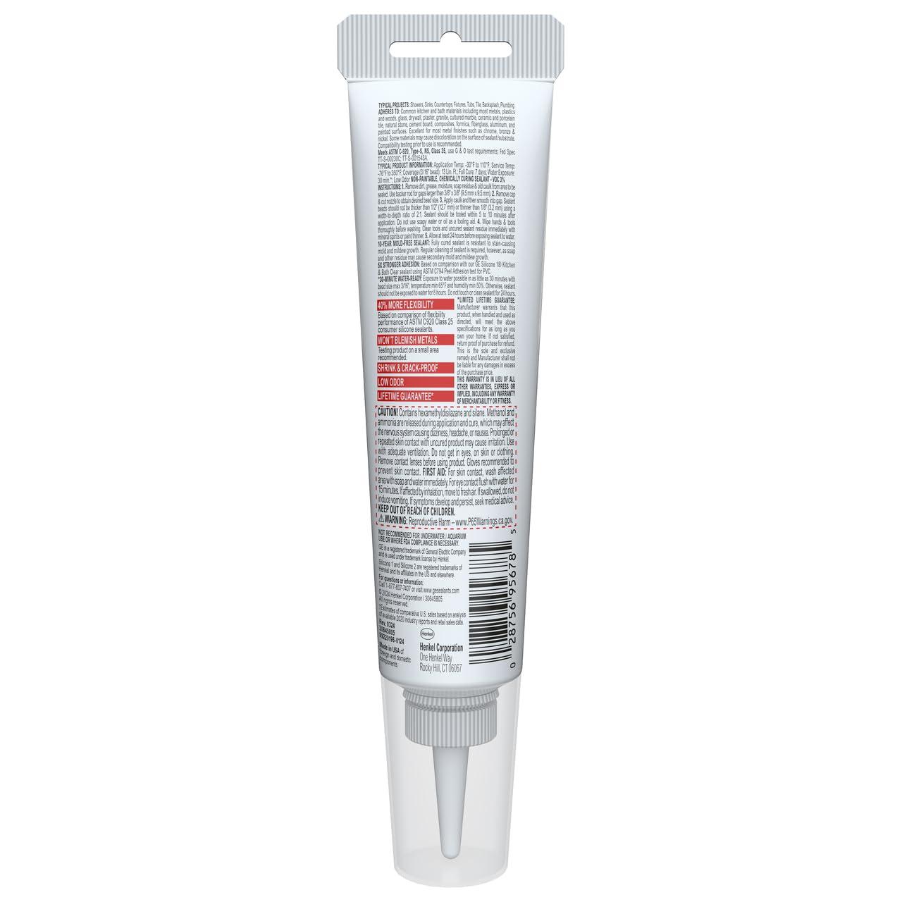 GE Advanced Silicone Kitchen & Bath Sealant, Pack of 1, Clear 2.8 fl oz Tube