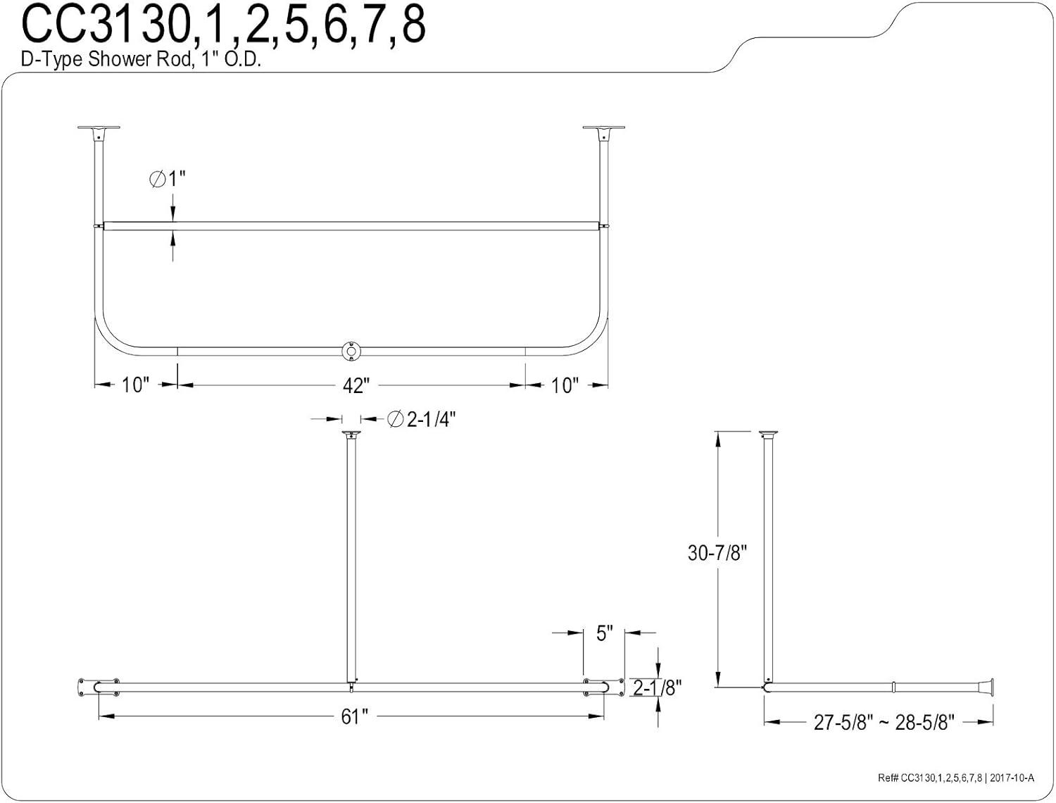 Chrome D-Shaped Wall and Ceiling Mounted Shower Rod