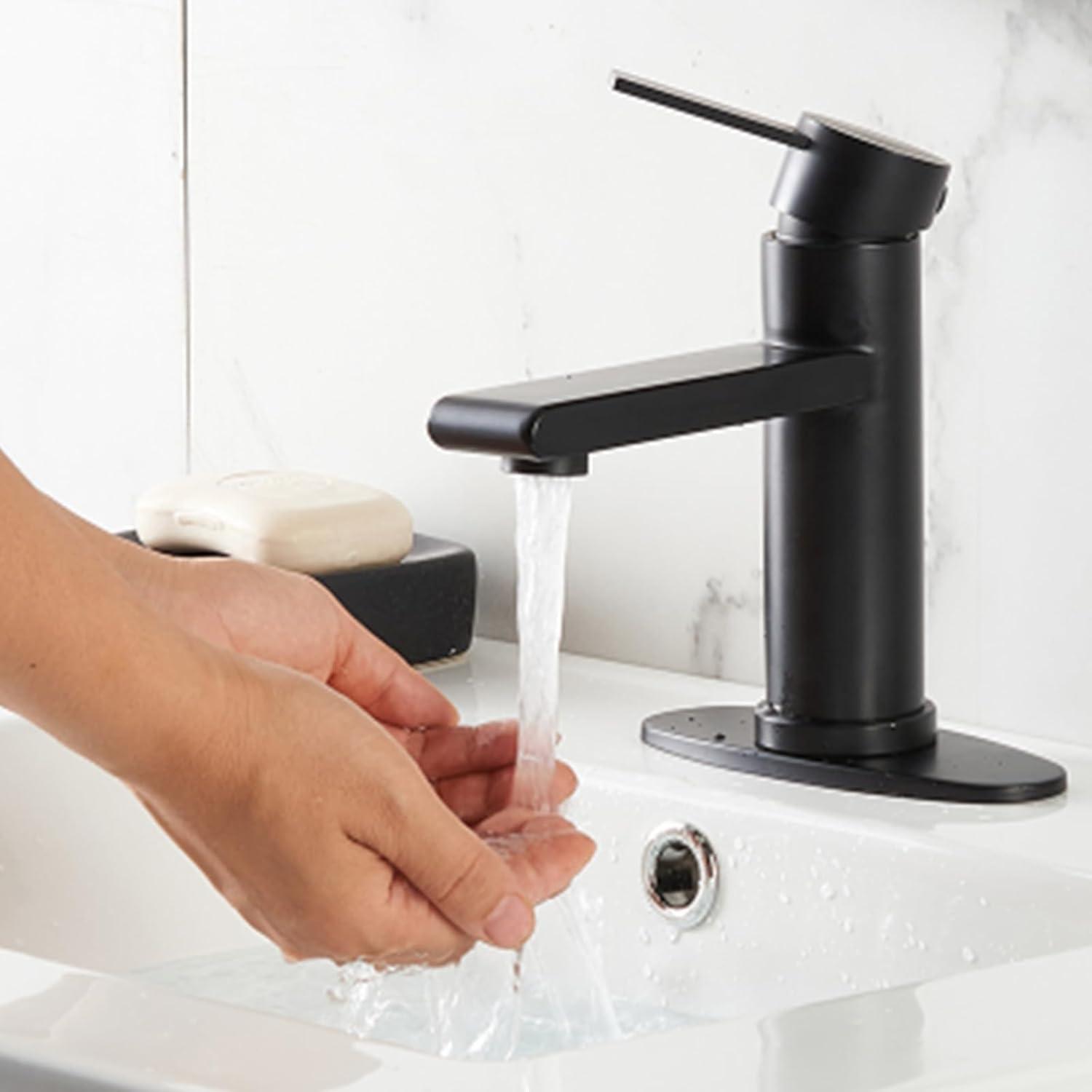 Black Bathroom Faucet Single Hole Bathroom Sink Faucet, Matte Black Single Handle Vanity Basin Faucets with Supply Deck Plate, Modern Farmhouse RV Faucet 1 or 3 Holes