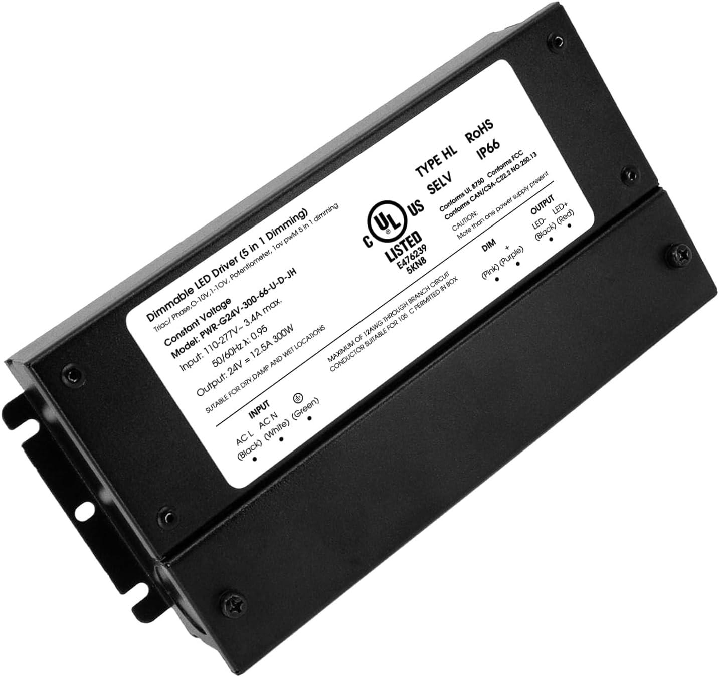 HitLights 300W Dimmable LED Driver, Electronic Transformer, 120V AC to 24V DC Power Supply for LED Strip Light, IP66 Rated, Dimming with TRIAC, 0-10V, 1-10V, Potentiometer, 10V PWM, UL Listed, Class 2