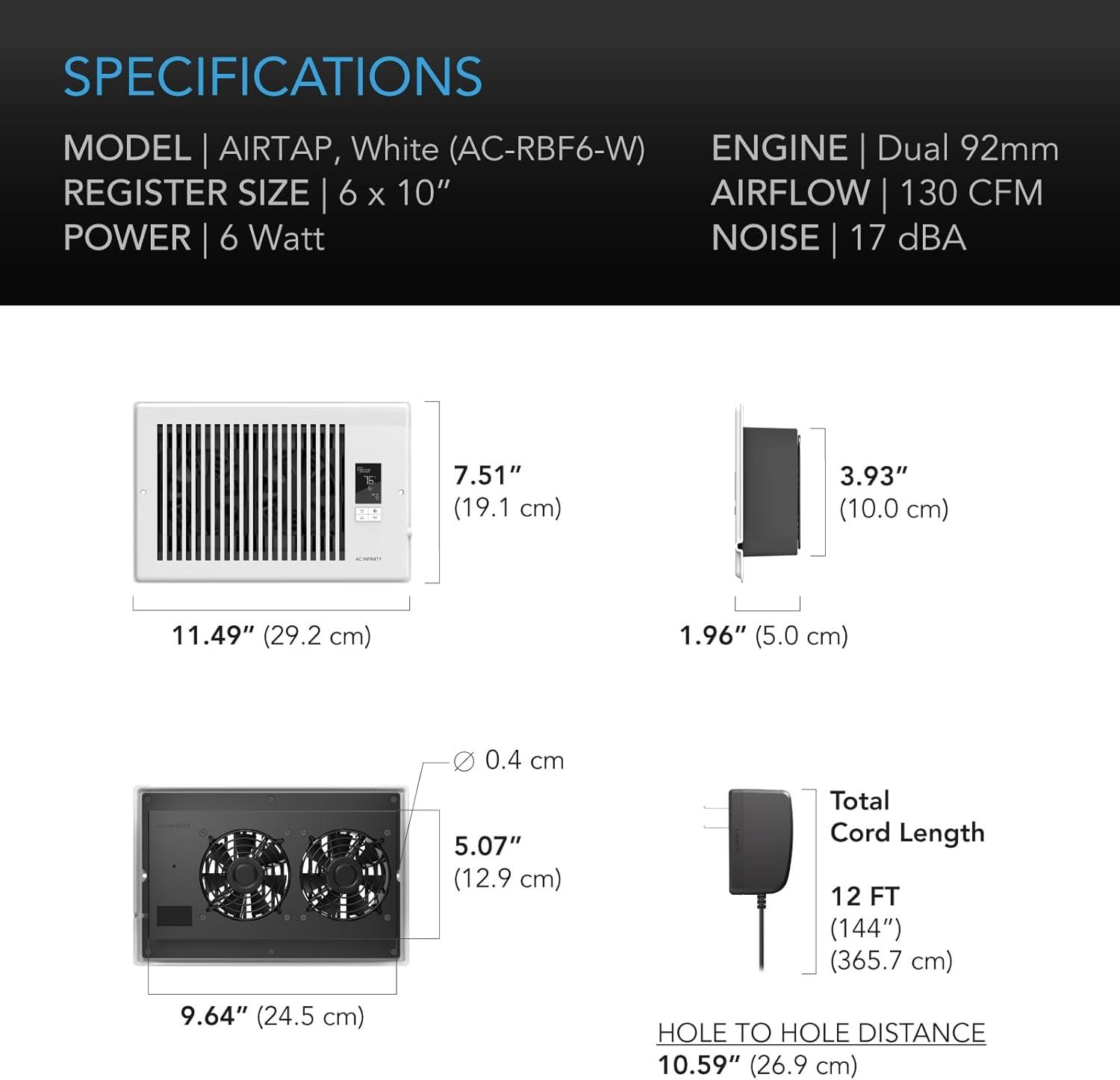 AC Infinity AIRTAP T6 White, Register Booster Fan for 6” x 10” Register Holes, Improves Heating & Cooling from AC Vents, with 10-Level Speeds and Bluetooth Integrated App Control