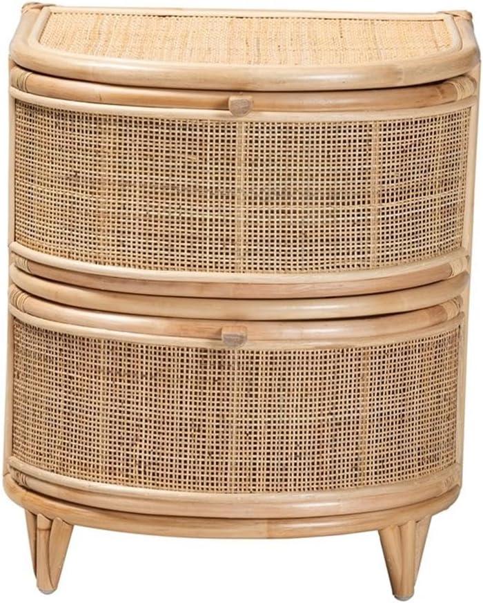 Natural Brown Rattan 2-Drawer Curved Nightstand