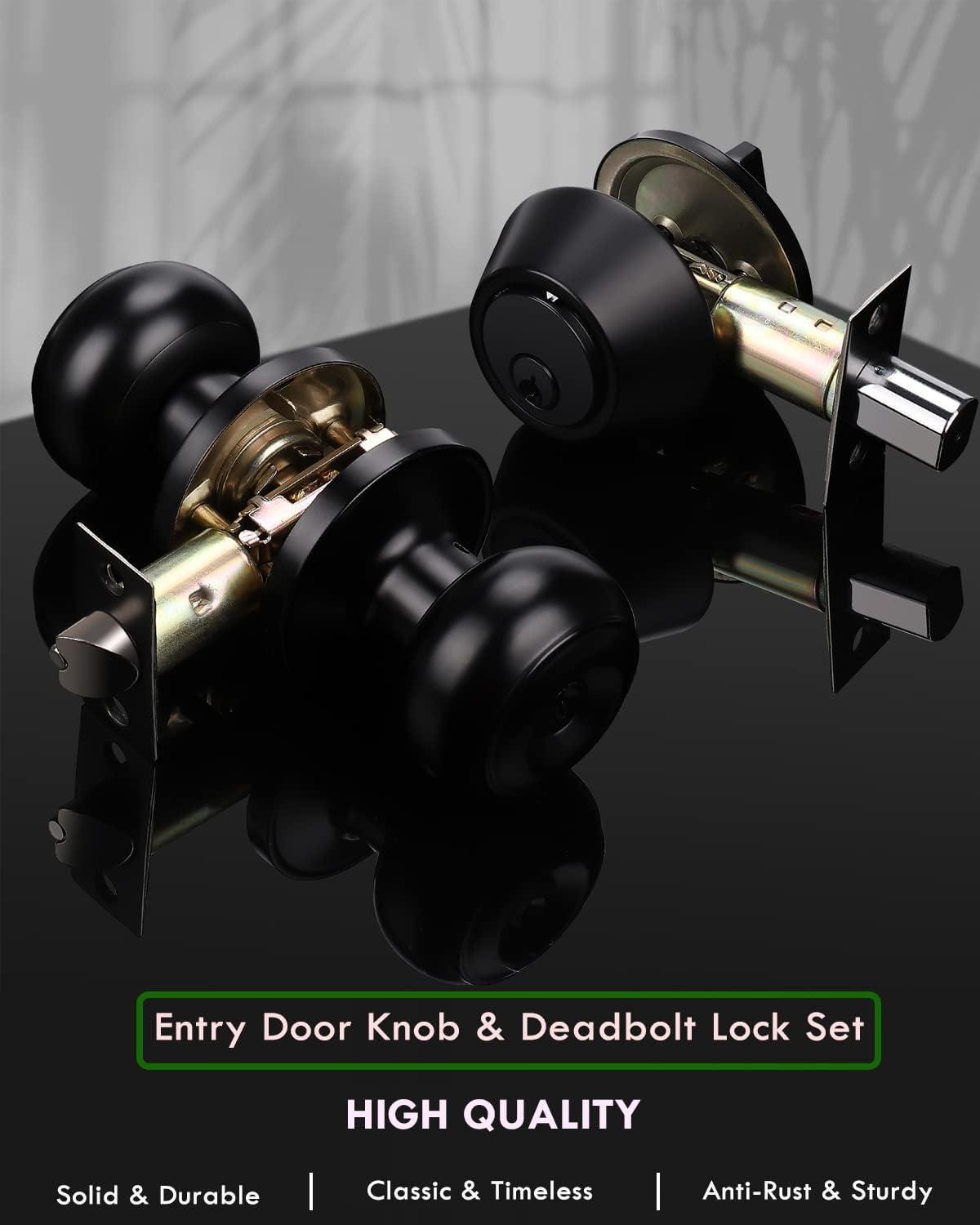 Matte Black Alloy Steel Round Door Knob Set with Deadbolt