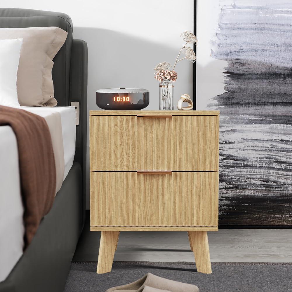 Natural Wood Mid Century Modern 2-Drawer Nightstand