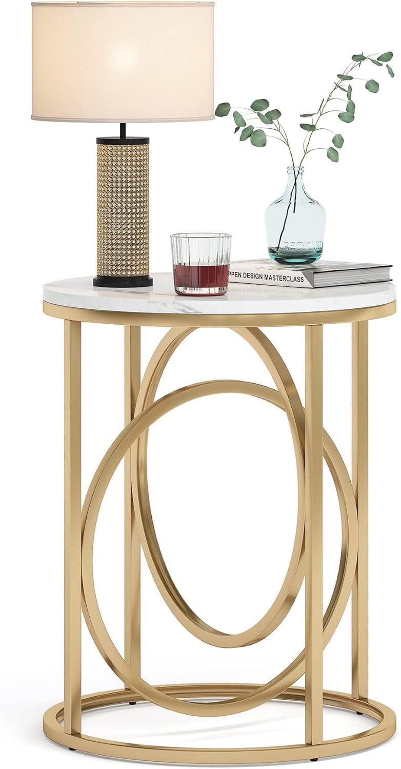 Tribesigns Morden Round End Table with Faux Marble White Top, 20" Sofa Side Table Coffee Table Cocktail Table with Unique Gold O-shaped Base for Living Room Bedroom