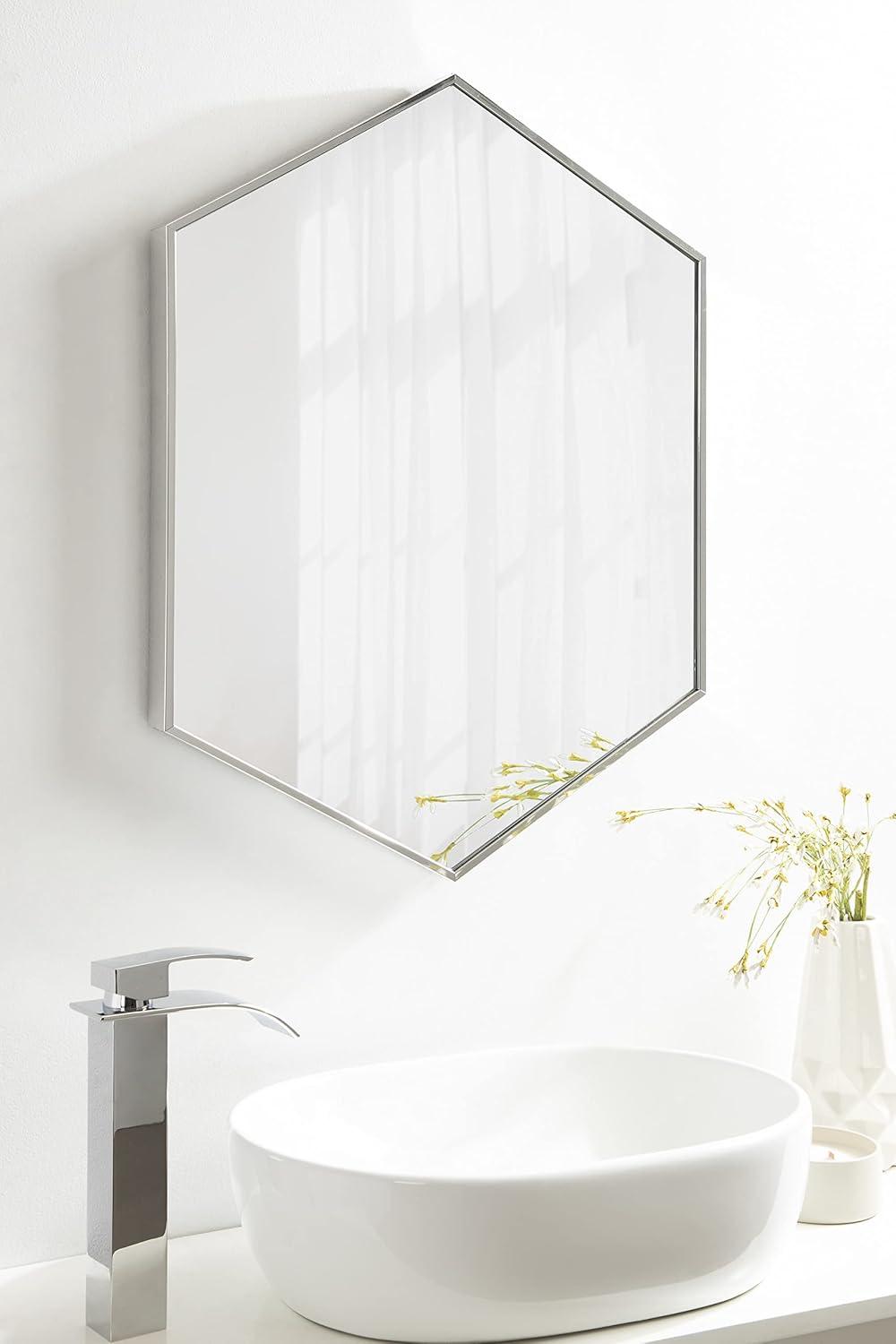 Kate and Laurel Rhodes Modern Hexagon Wall Mirror, 22 x 31, Silver, Decorative Geometric Hexagon MIrror with Chrome Finish for Elegant Contemporary Wall Decor