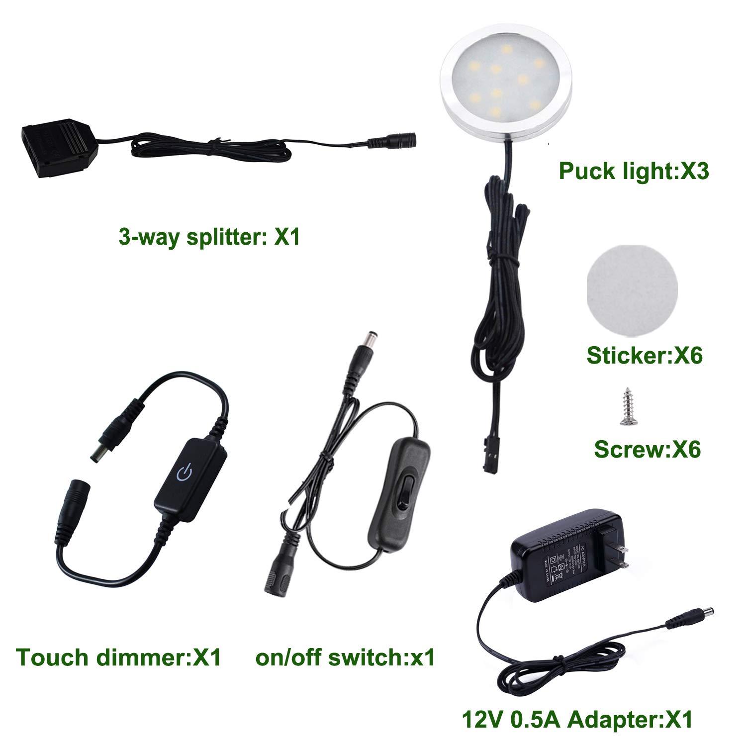 AIBOO LED Under Cabinet Lighting Black Cover Puck Lights Kit with Touch Dimmer Switch (3 Lights,Warm White)