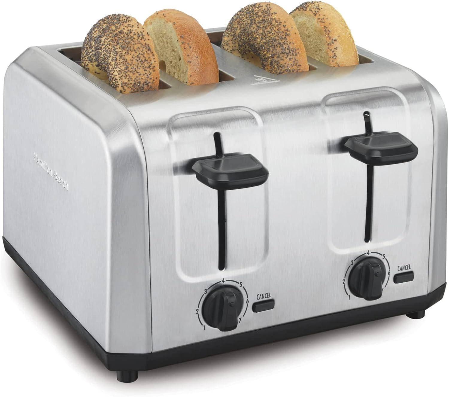 Hamilton Beach® Brushed Stainless Steel 4-Slice Toaster with Extra Wide Slots for Bagels, Shade Selector, Toast Boost, Slide-Out Crumb Tray, Auto-Shutoff and Cancel Button