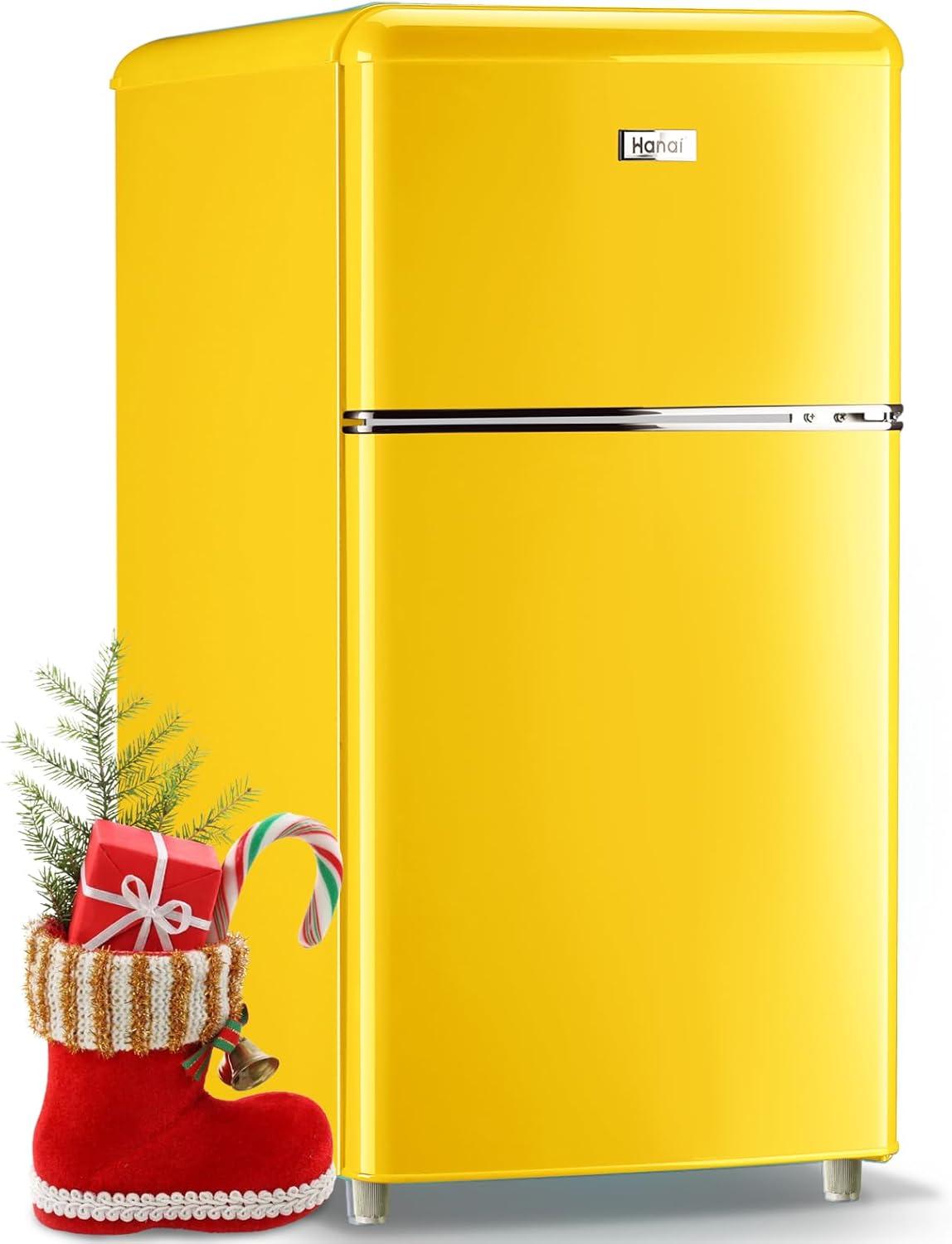 WANAI 3.2.Cu ft Two Door Mini Fridge with Freezer, A retro look,(yellow)