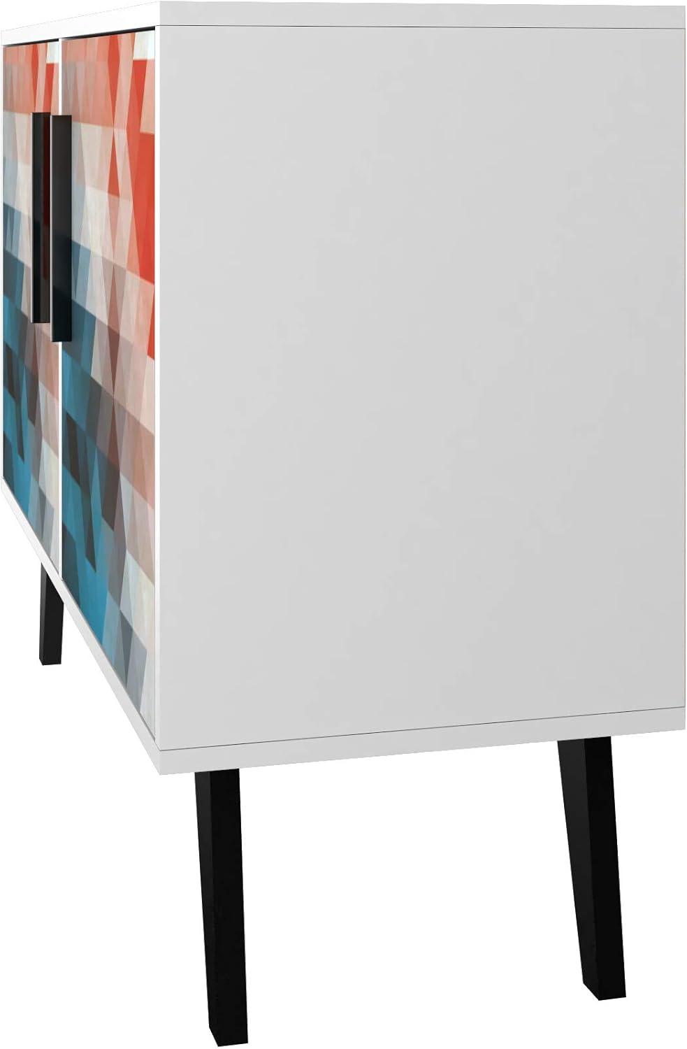 Manhattan Comfort Mid-Century- Modern Amsterdam Double Side Table 2.0 with 3 Shelves in Multi Color Red and Blue