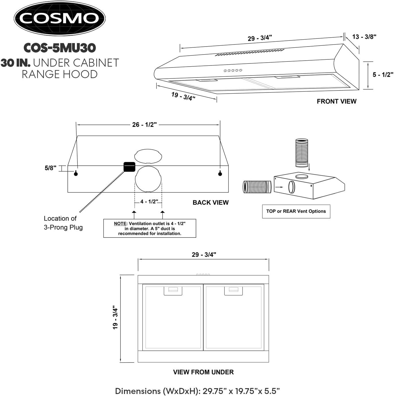 Cosmo 30" Stainless Steel 220 CFM Ducted (Vented) Under Cabinet Range Hood with Charcoal Filter