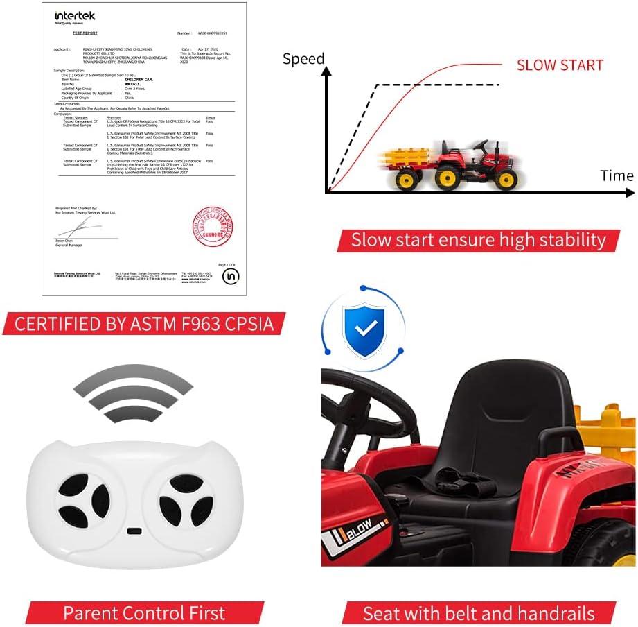 Kids Battery Powered Electric Tractor with Parent Remote Control & Trailer, Toddler 12V Ride On Toy with Dual Motors /2+1 Gear Shift/ 7-LED Lights/USB & Music Player,Red,25W/Treaded Tires