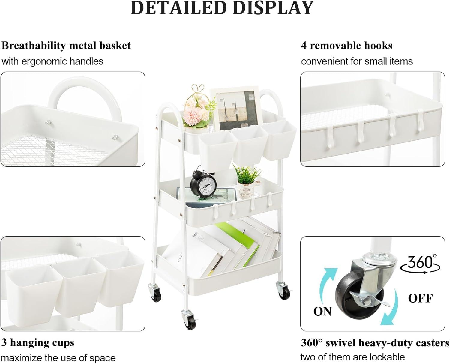 danpinera 3 Tier Metal Rolling Cart with Wheels Craft Cleaning Utility Cart for Storage-White