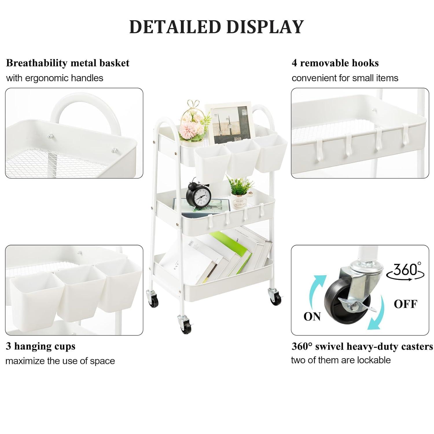danpinera 3 Tier Metal Rolling Cart with Wheels Craft Cleaning Utility Cart for Storage-White