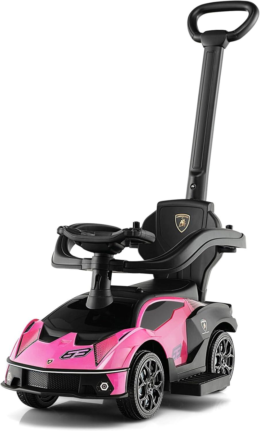 Costway 3-in-1 Licensed Lamborghini Ride on Push Car Stroller Sliding Car w/ Sound Pink