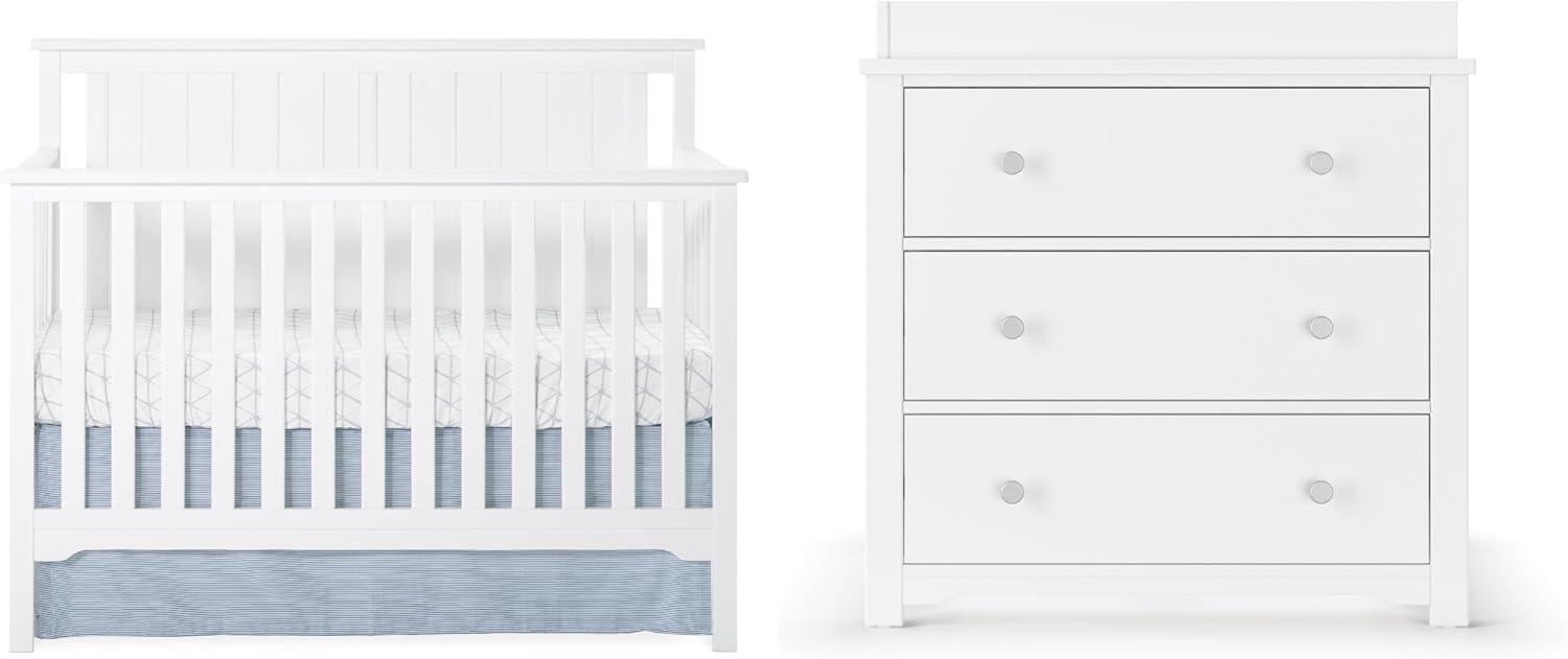 Matte White Farmhouse 3-Piece Nursery Set with Convertible Crib and Dresser