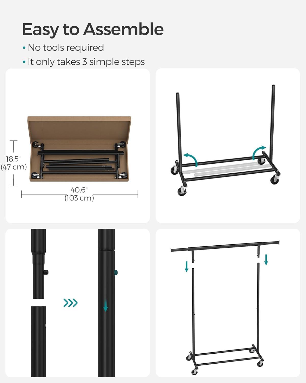 Heavy Duty Clothes Rack, Clothing Rack for Hanging Clothes, Portable Garment Rack with Wheels and Extendable Hanging Rod, 198 lb Load Capacity, Black