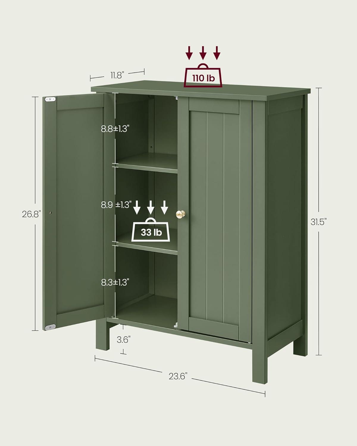 Bathroom Floor Storage Cabinet, Bathroom Storage Unit with 2 Adjustable Shelves, Bathroom Cabinet Freestanding, 11.8 x 23.6 x 31.5 Inches, Forest Green UBCB060C01