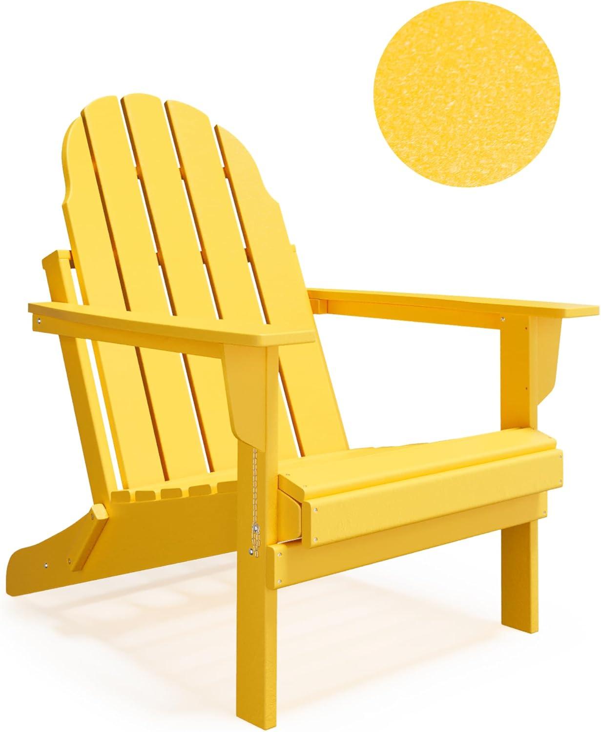 Folding Adirondack Chair - Durable HDPE Poly Lumber All-Weather Resistant, Foldable Oversized Balcony Porch Patio Outdoor Chair for Lawn, Backyard, Deck, Garden, Camping - Easy Installation, Yellow