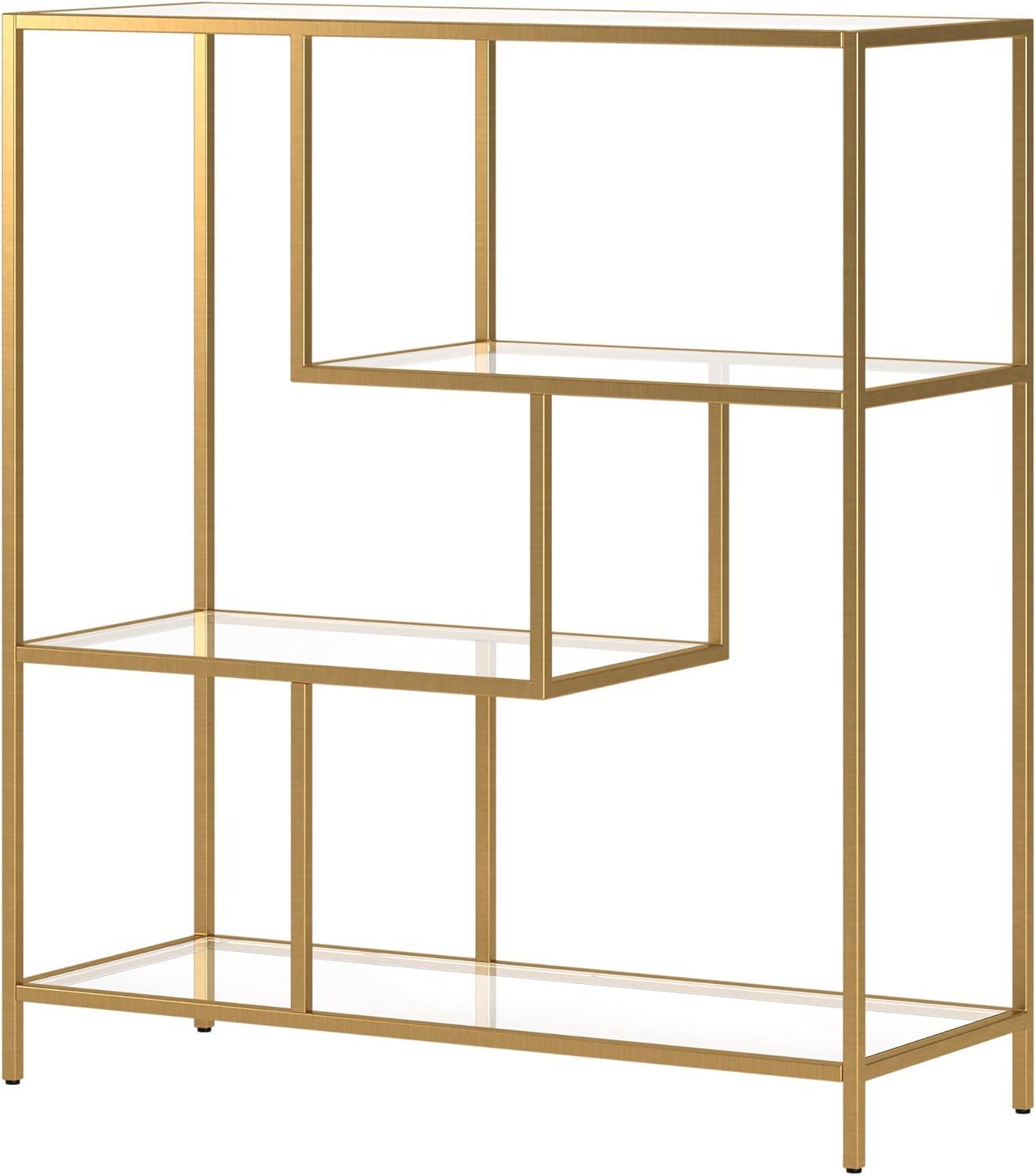 Isla 40'' Brass Steel Frame with Tempered Glass Shelves Bookcase