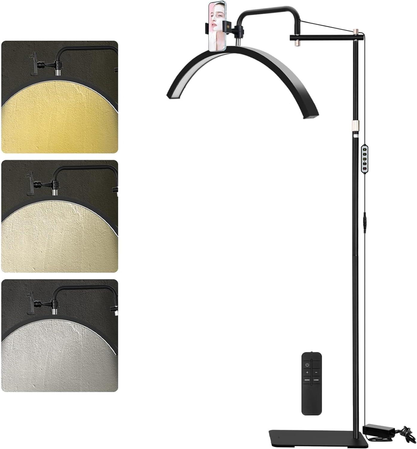 Lash Lamp - Esthetician Light for Eyelash Tech,Tattoo Artists, Nail Tech, Led Half Moon Light for Lashes Extensions, Warm/Cool Floor Piano Lamp with Phone Holder, Adjustable Brightness & Height