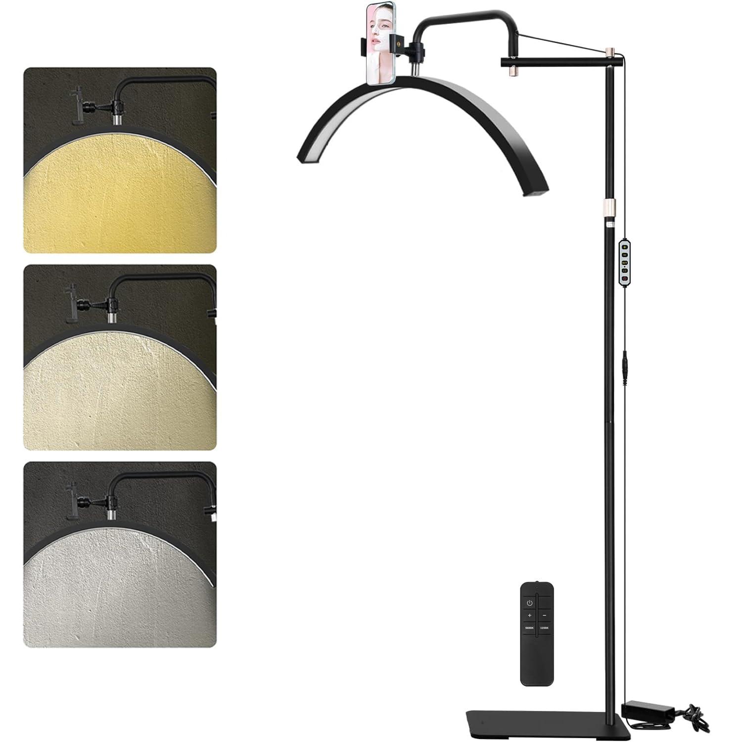 Lash Lamp - Esthetician Light for Eyelash Tech,Tattoo Artists, Nail Tech, Led Half Moon Light for Lashes Extensions, Warm/Cool Floor Piano Lamp with Phone Holder, Adjustable Brightness & Height