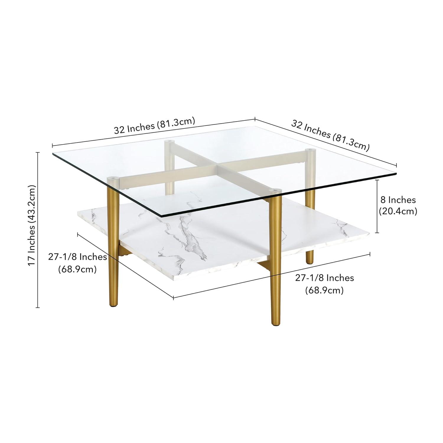 Evelyn&Zoe Otto 32" Wide Square Coffee Table with Faux Marble Shelf, Brass