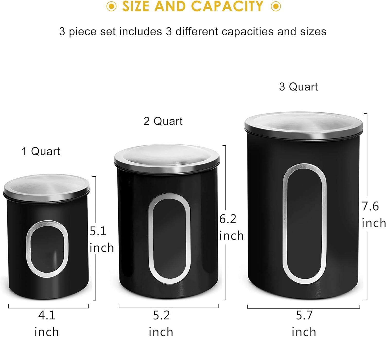 Fortune Candy Stainless Steel Canister Sets with Anti-Fingerprint Lid and Visible Window, Cereal Container Set of 3 (Black)