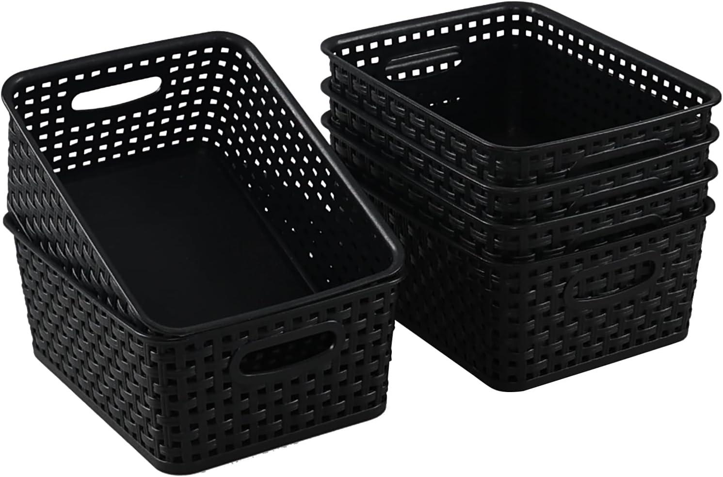 Black Rectangular Plastic Woven Storage Baskets, Set of 6