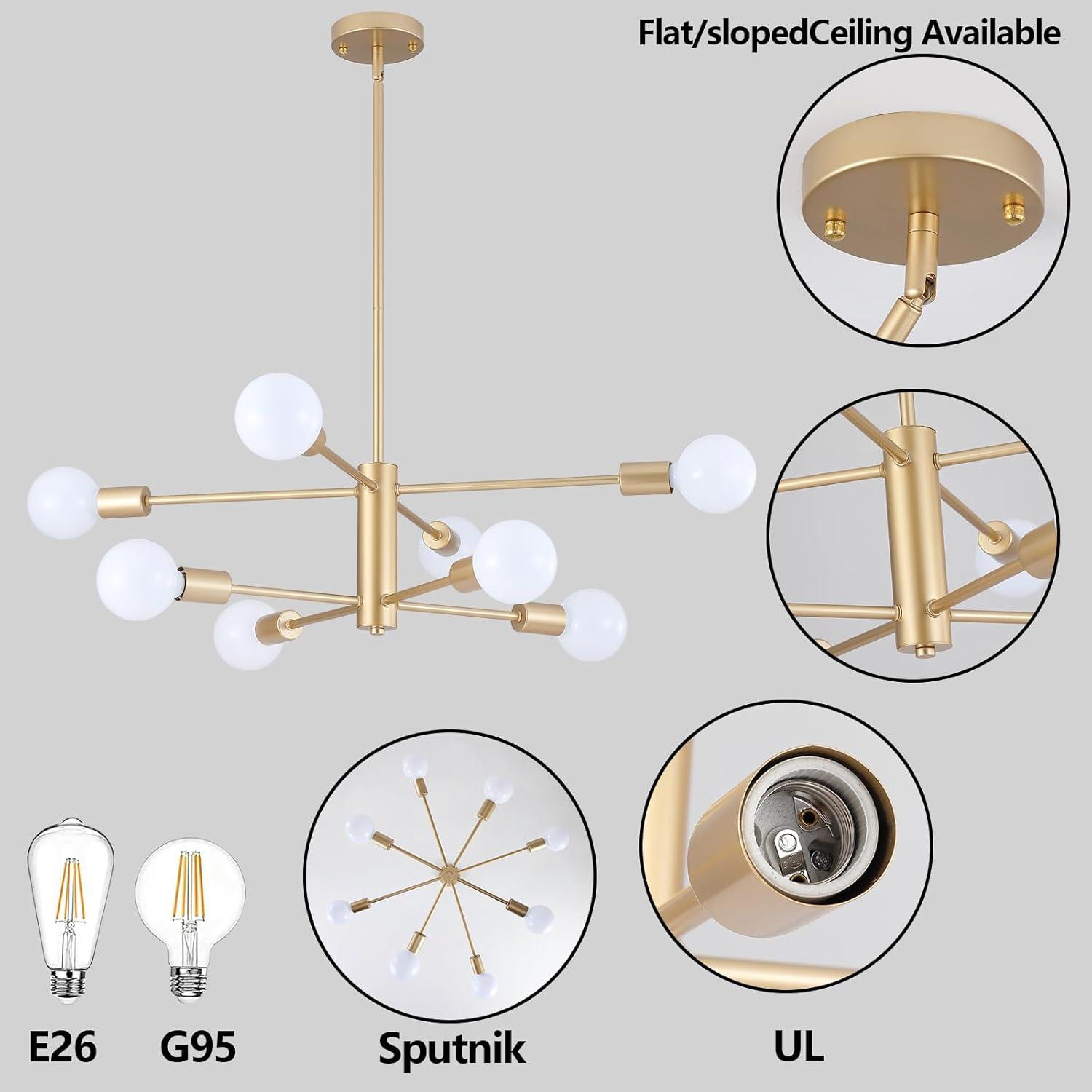 Beslowe 8-Light Modern Sputnik Chandelier, Mid Century Black  Gold Chandeliers Lighting, Farmhouse Ceiling Hanging Light Fixture for Dining Room Bedroom Living Room Kitchen Foyer, Height Adjustable