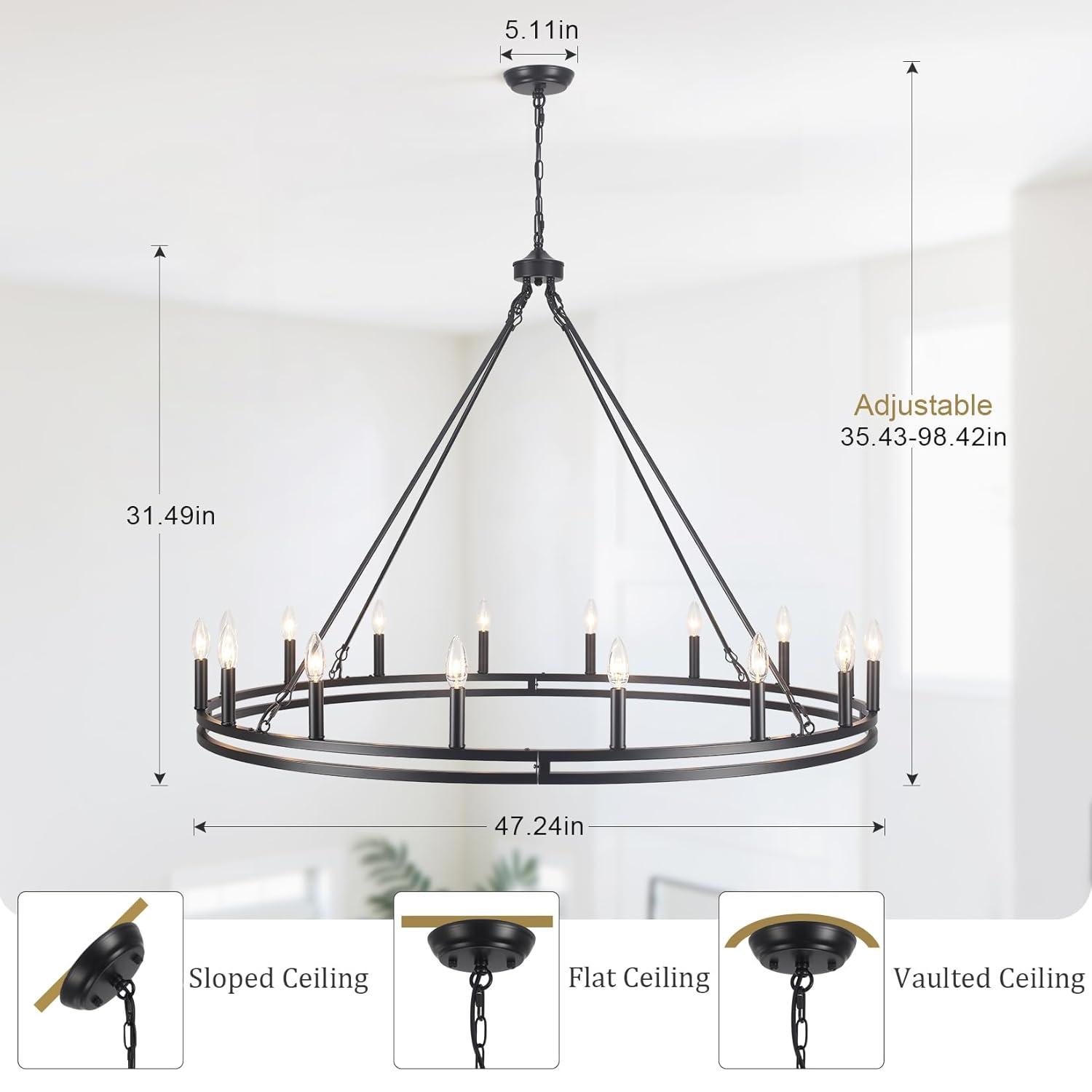 16-Lights Wagon Wheel Chandelier 47 Inch Black Farmhouse Chandelier Large Chandeliers for High Ceilings Round Modern Farmhouse Chandeliers Ceiling Light for Living Room Dining Room Foyer Entryway