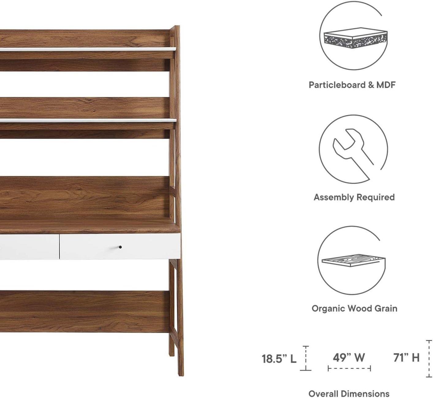 Walnut White Wood Office Desk with Bookshelf and Drawer