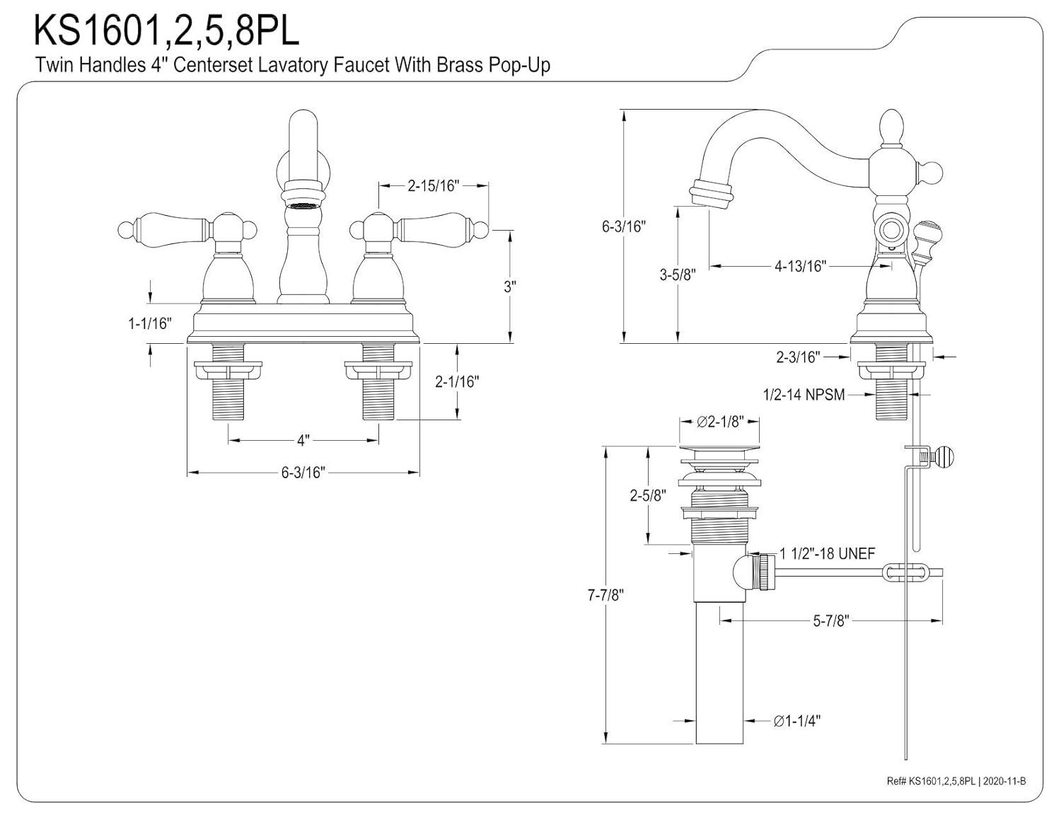 Kingston Brass Kingston Brass Heritage Two-Handle 3-Hole Deck Mount 4" Centerset Bathroom Faucet with Brass Pop-Up KS1601PL