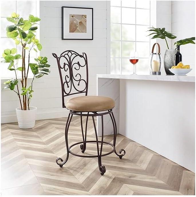 Linon Gathered Back Counter Stool, Brown, 24 inch Seat Height, Light Brown with Caramel Fabric