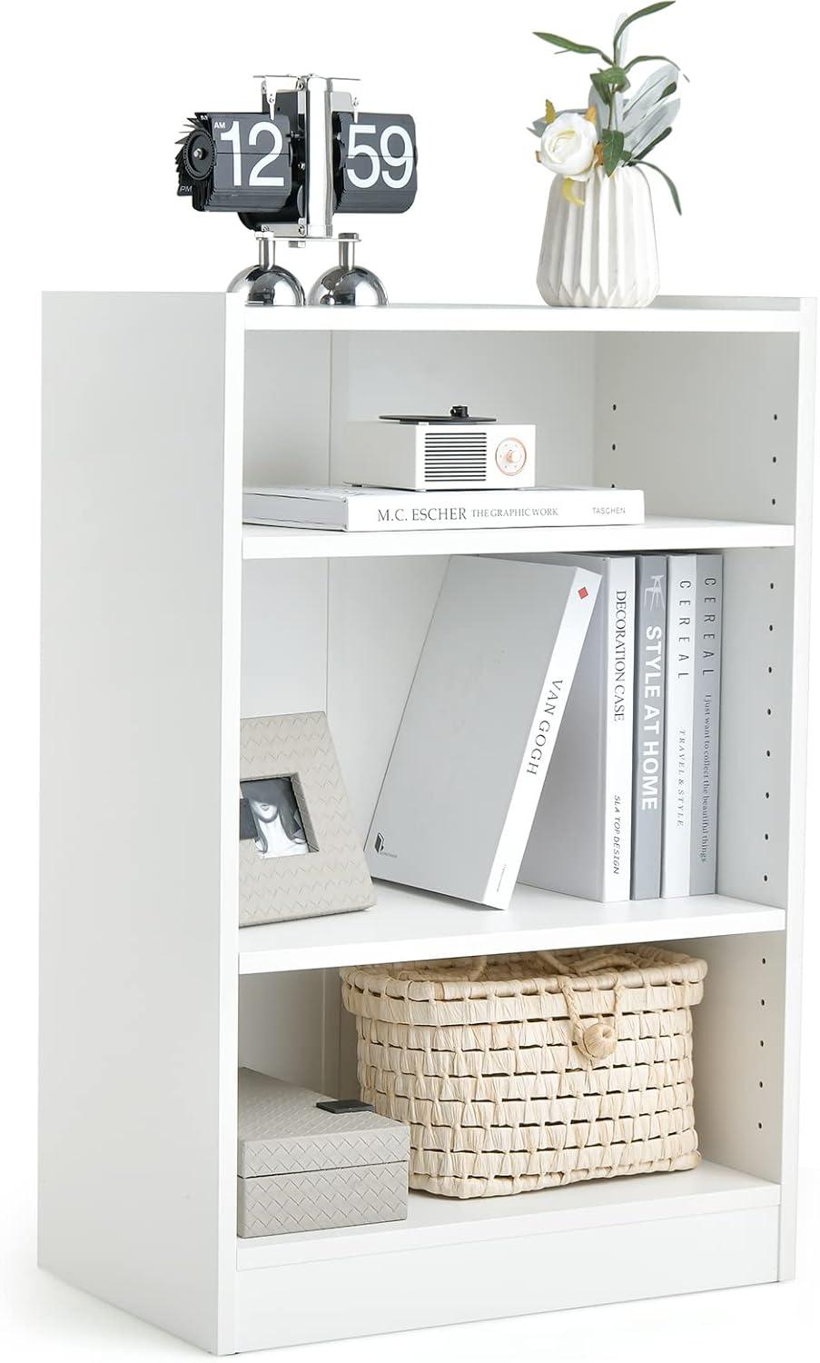 White 3-Tier Adjustable MDF Bookcase with Anti-Toppling Device