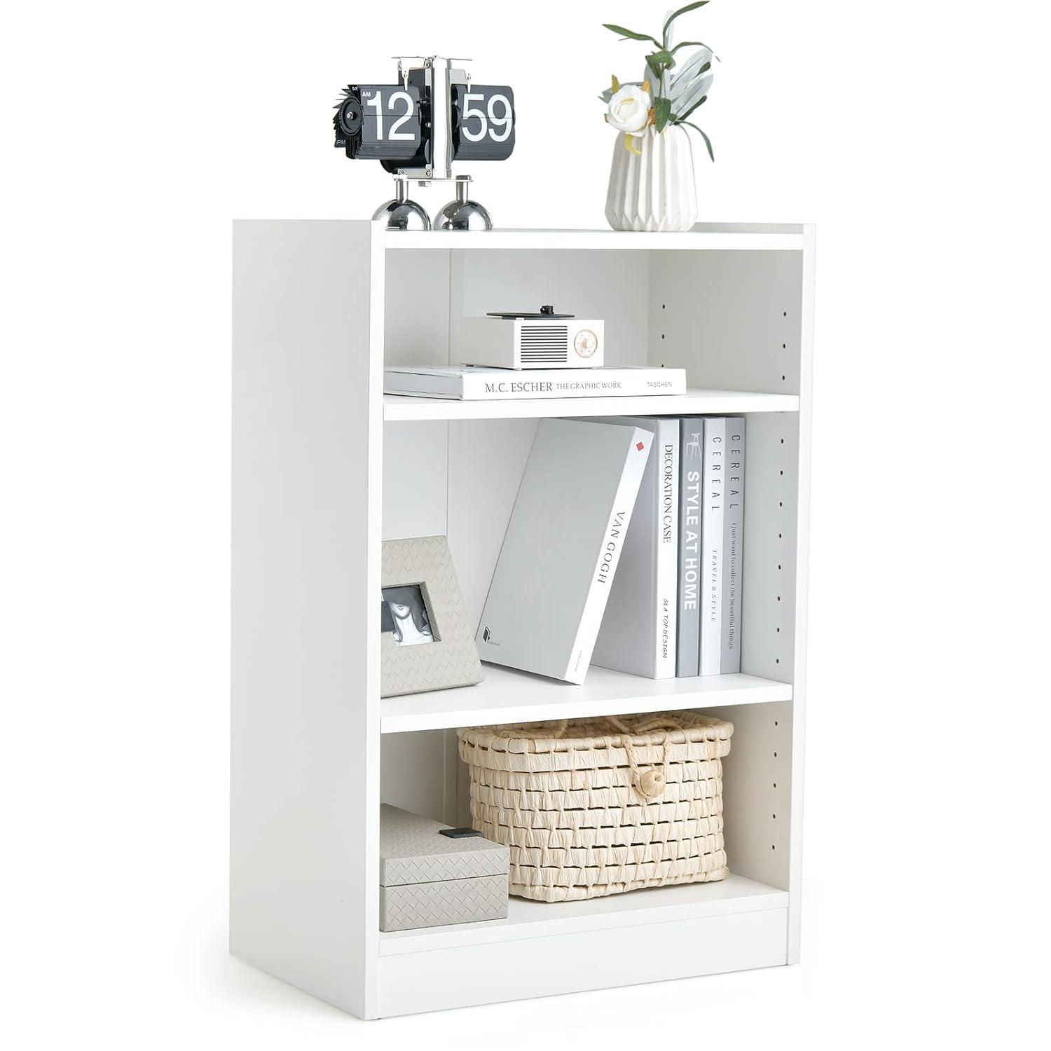 White 3-Tier Adjustable MDF Bookcase with Anti-Toppling Device