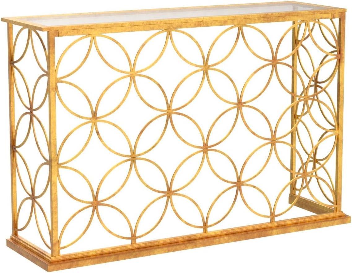 DecMode 47" x 32" Gold Metal Geometric Console Table with Mirrored Glass Top, 1-Piece