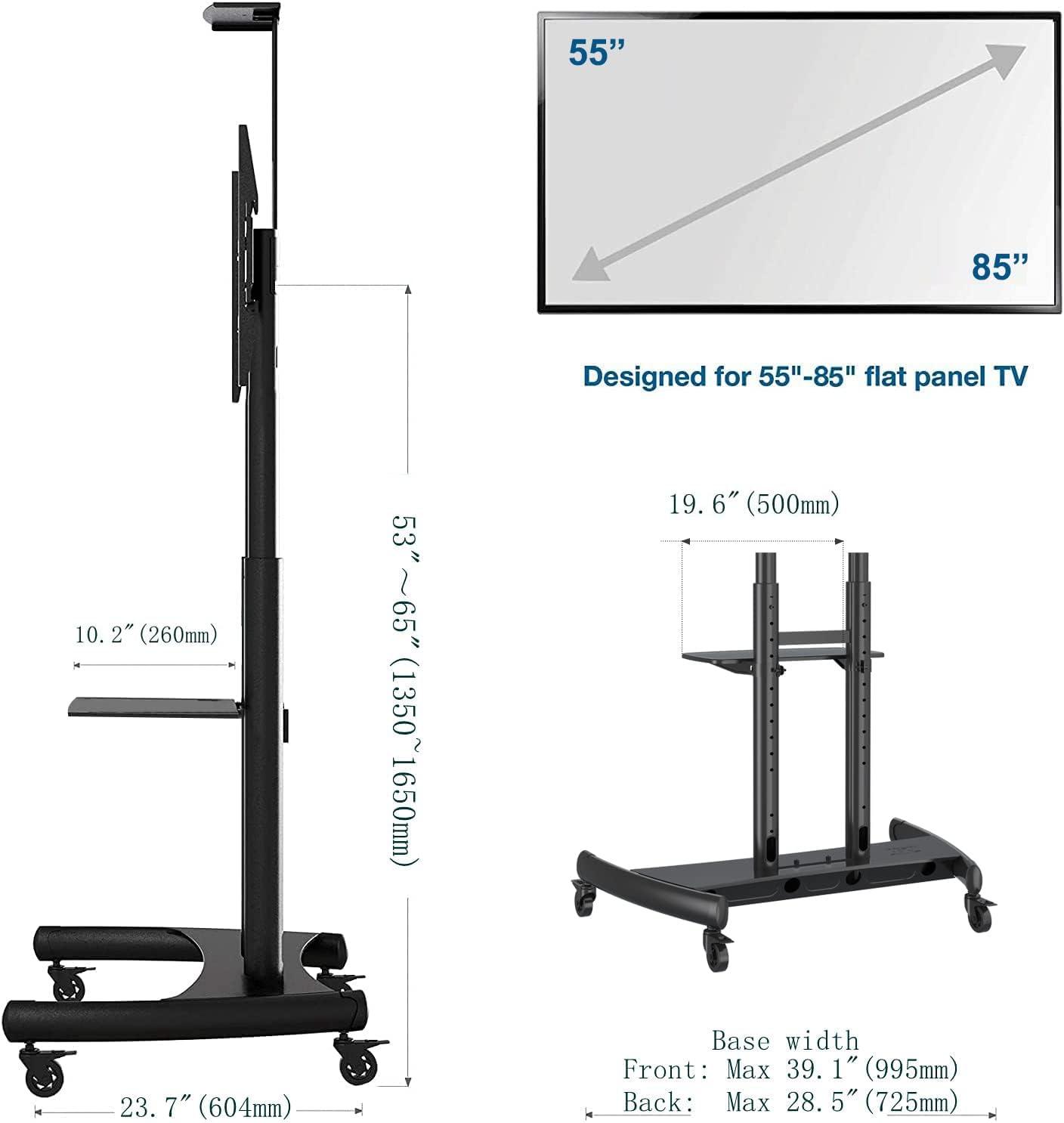 Black Steel Mobile TV Cart Stand with Adjustable Shelves