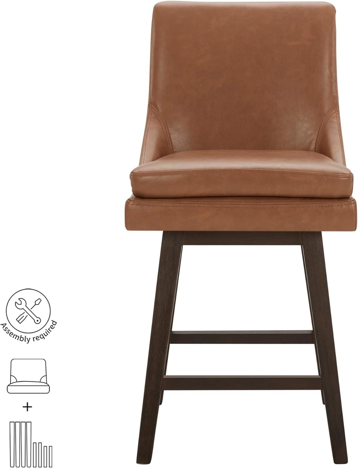 Fiona 26.8 in. Saddle Brown High Back Solid Wood Frame Swivel Counter Height Bar Stool with Faux Leather Seat(Set of 2)