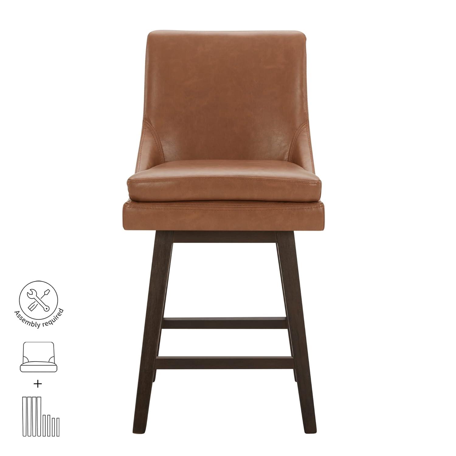 Fiona 26.8 in. Saddle Brown High Back Solid Wood Frame Swivel Counter Height Bar Stool with Faux Leather Seat(Set of 2)