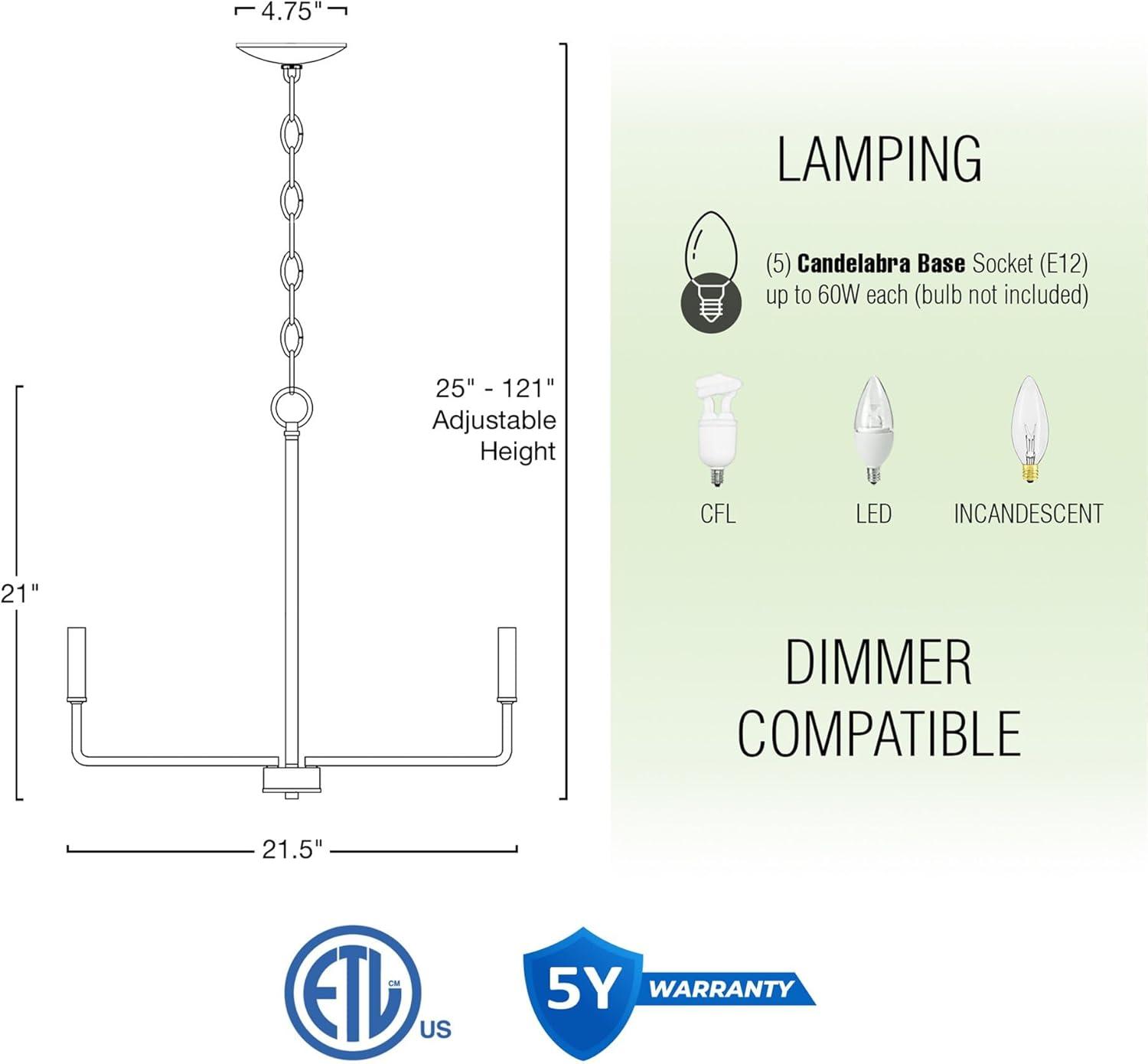 Kira Home Camille 22" 5-Light Modern Chandelier, Adjustable Hanging Height, Brushed Nickel Finish