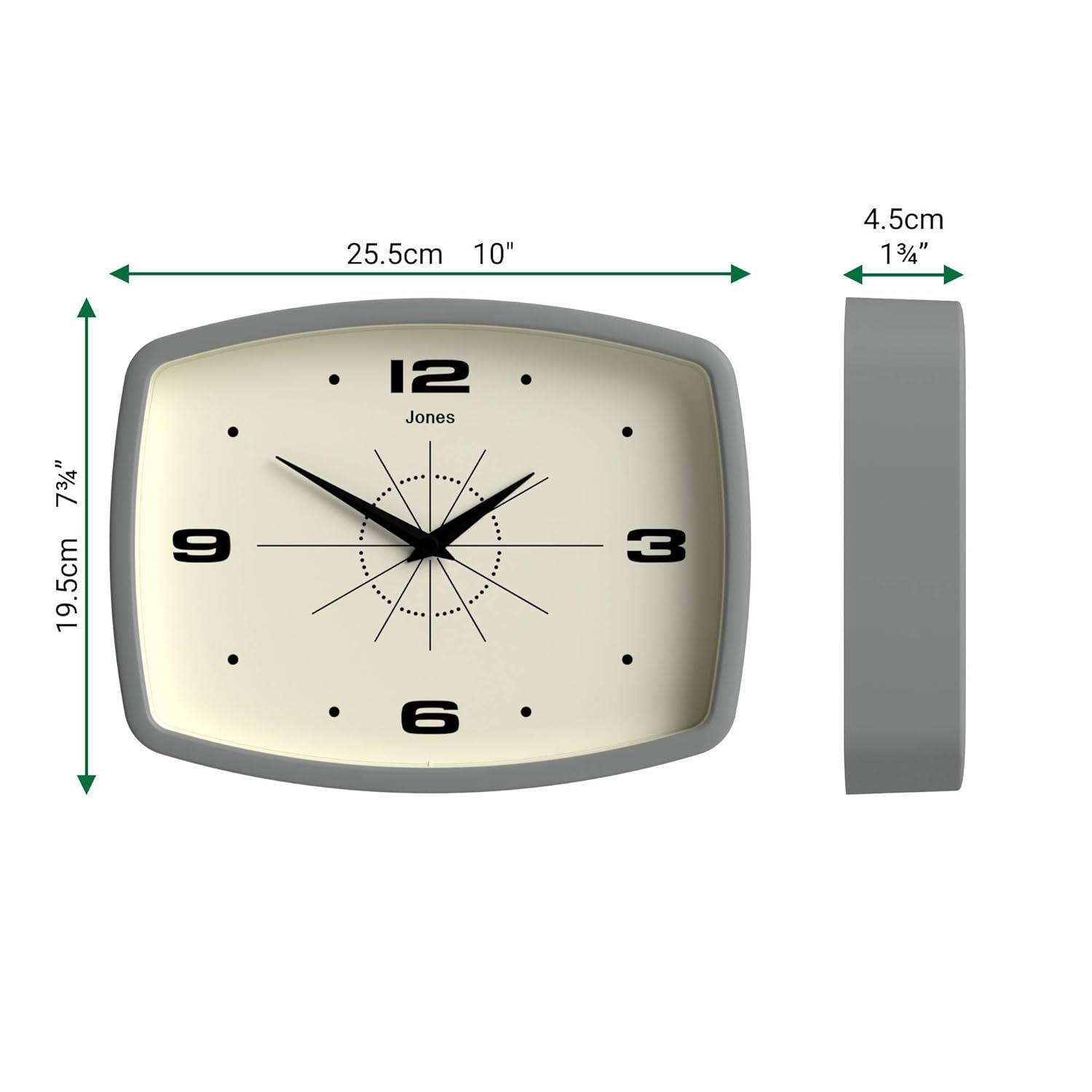 JONES CLOCKS® Movie Wall Clock | Rectangular Retro Clock | 10 inch | Grey | Cool mid-Century Designer Look for Kitchen, Living Room or Office