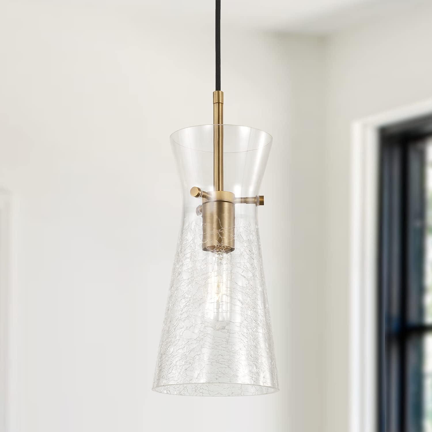 Mila Aged Brass Pendant with Clear Half-Crackle Glass Shade