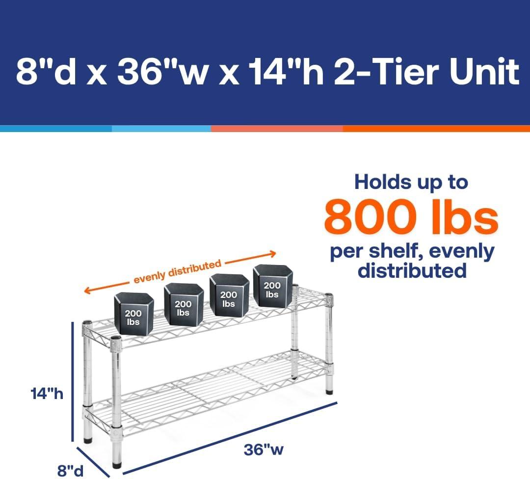 Shelving.com Chrome Wire Shelving with 2 Tier Shelves - 8"d x 36"w x 14"h