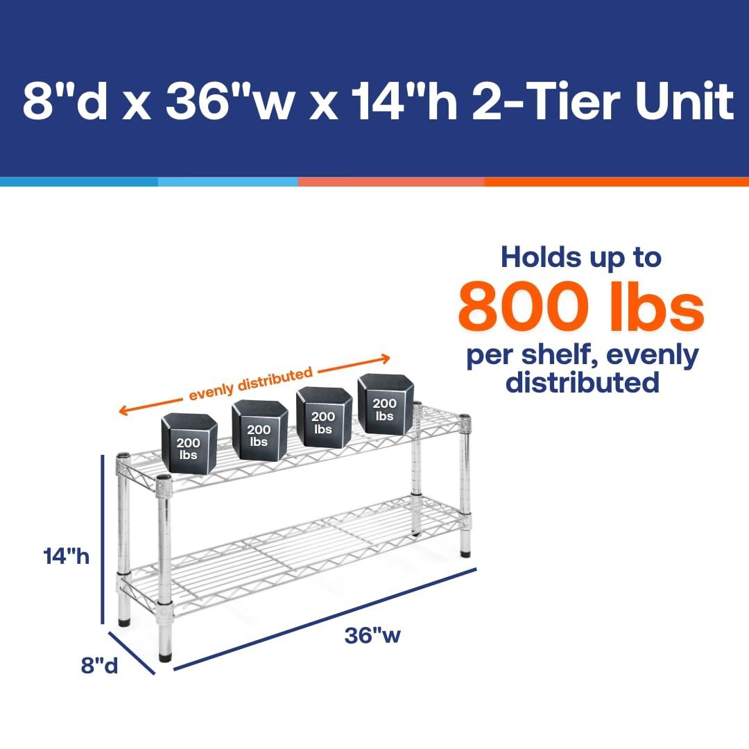 Shelving.com Chrome Wire Shelving with 2 Tier Shelves - 8"d x 36"w x 14"h