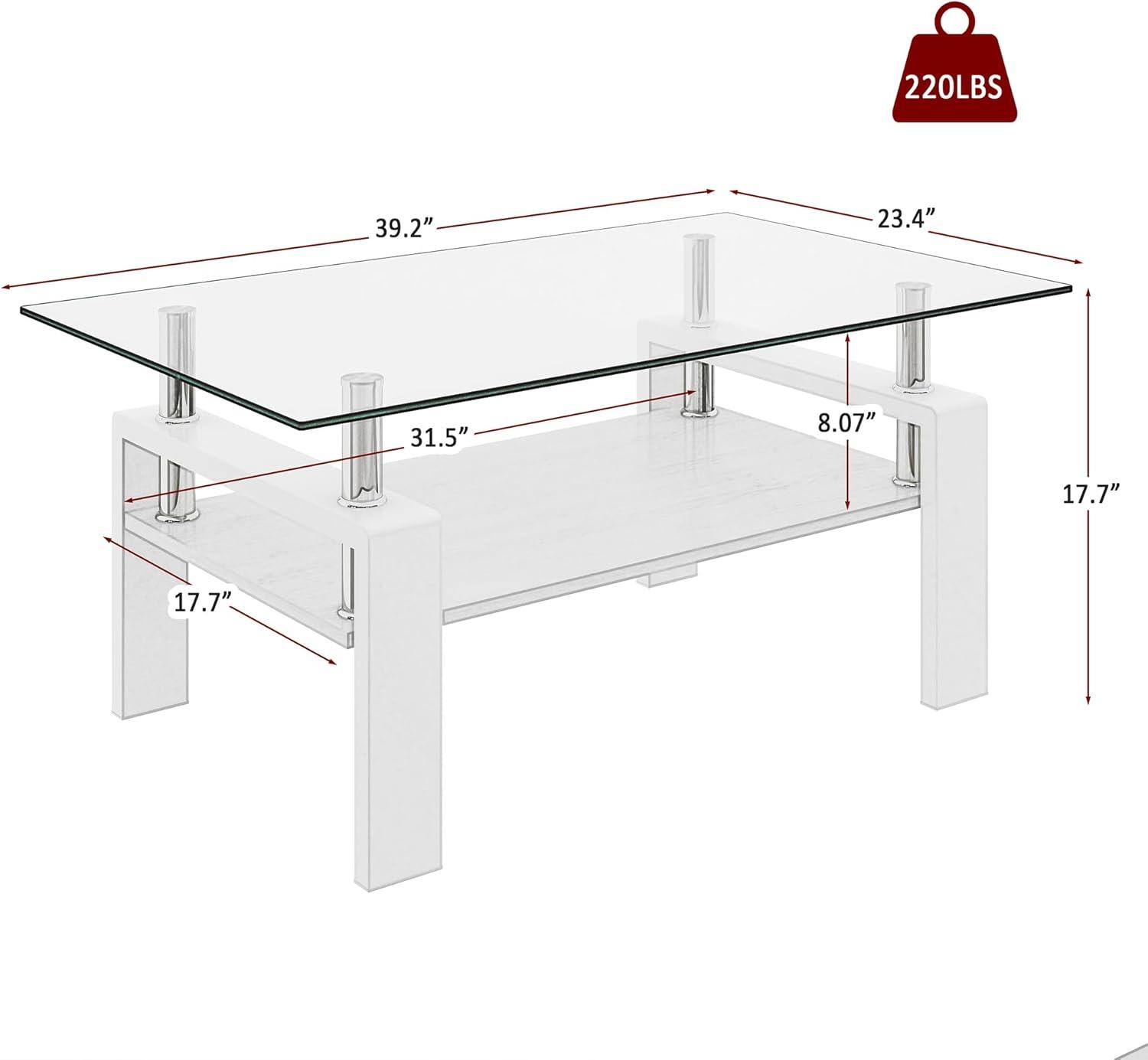 Glass Coffee Table for Living Room, Rectangle Glass Coffee Table with Storage Shelf, Transparent Coffee Tabletop with White Metal Legs for Apartment, Office (Transparent Glass, White)