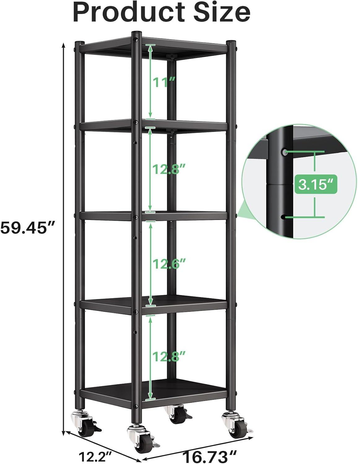 5-Tier Kitchen Storage Shelves, Adjustable Metal Shelves for Storage Pantry Shelves with Rolling Wheels, Storage Rack Shelving Unit Organizer for Bedroom Laundry Closet
