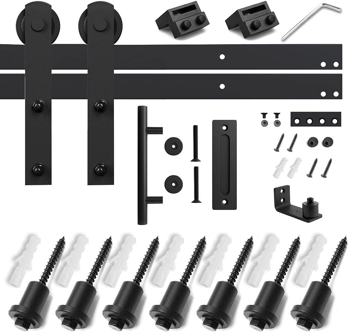 SMARTSTANDARD 8 FT Heavy Duty Sturdy Sliding Barn Door Hardware Kit, Black, (Whole Set includes 1x Pull Handle Set & 1x Floor Guide) Fit 42"-48" Wide Door Panel (I Shape Hanger)